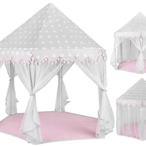 Barntält Grå/Rosa med Gardiner & Pompoms Rea