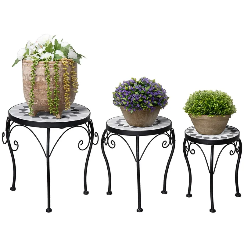 Begränsad tid Set med 3 Svartvita Blomsterpallar i Metall